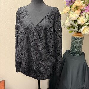 🌸 BloomChic Black Crochet Lace Blouse US 26 Plus Size Long Sleeve Boho Festival
